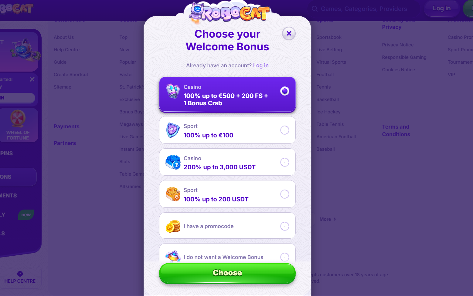 Casino popup for RoboCat showing a “Choose your Welcome Bonus” screen with multiple options, including casino and sport bonuses, crypto offers, a promocode option, and a green “Choose” button over a blurred site background.
