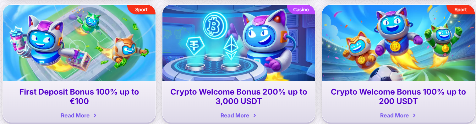 Casino promotion cards featuring RoboCat-themed bonuses, including a first deposit bonus of 100% up to €100, a crypto welcome bonus of 200% up to 3,000 USDT, and another crypto bonus of 100% up to 200 USDT.